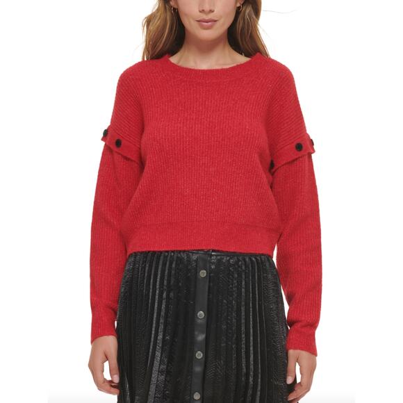 DKNY JEANS Womens Sweater XXS Red Scarlet Crewneck Pullover Button Detail NWT - Picture 1 of 11